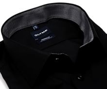 Olymp Modern Fit Natural Stretch – čierna košeľa so sivým vnútorným golierom a manžetou