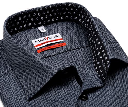 Marvelis Modern Fit – sivo-čierna košeľa s votkaným vzorom a čiernym vnútorným golierom a légou