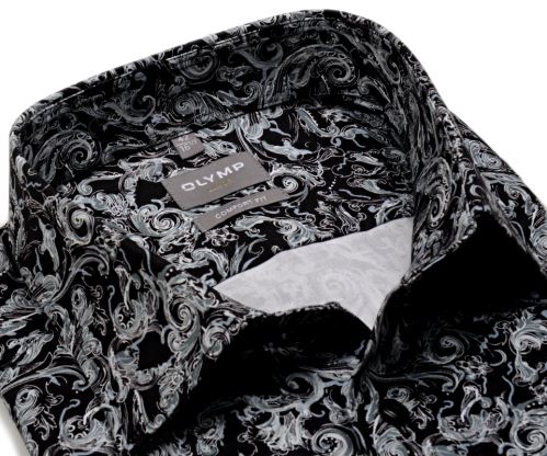 Olymp Comfort Fit – luxusná čierna košeľa s abstraktným kvetinovým vzorom