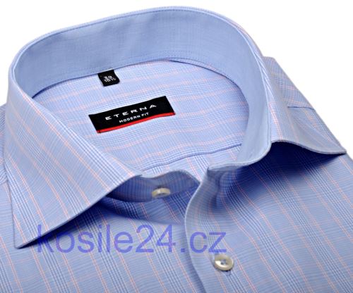 Eterna Modern Fit – světle modrá károvaná košile s vnitřním límcem a manžetou - extra prodloužený rukáv