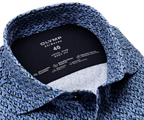 Olymp Level Five 24/Seven – dizajnová luxusná elastická košeľa s modrým kosoštvorcovým vzorom