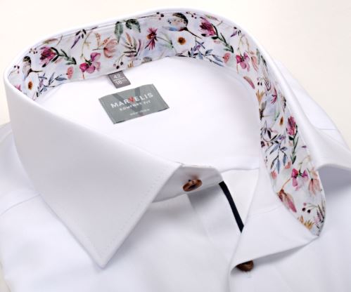 Marvelis Comfort Fit – bílá košile s barevným květovaným vnitřním límcem - krátký rukáv Marvelis Comfort Fit – bílá košile s barevným květovaným vnitřním límcem - krátký rukáv