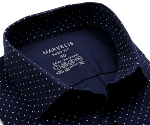 Marvelis Body Fit – elastická tmavomodrá košeľa s malými bodkami - predĺžený rukáv