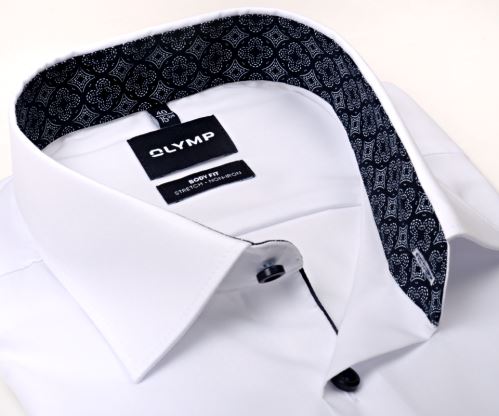 Olymp Level Five – biela košeľa s tmavomodrým vnútorným golierom s ornamentmi - predĺžený rukáv Olymp Level Five – biela košeľa s tmavomodrým vnútorným golierom s ornamentmi - predĺžený rukáv