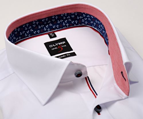 Olymp Level Five – biela košeľa s červeno-modrým vnútorným golierom - krátky rukáv