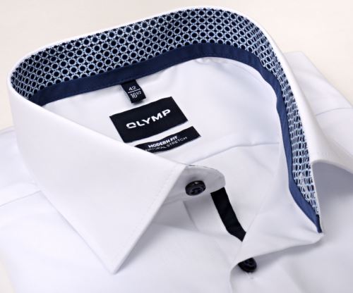 Olymp Modern Fit Natural Stretch – bílá košile s modro-bílým vnitřním límcem a manžetou - prodloužený rukáv Olymp Modern Fit Natural Stretch – bílá košile s modro-bílým vnitřním límcem a manžetou - prodloužený rukáv