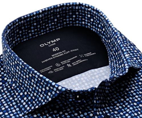 Olymp Modern Fit 24/7 – luxusná elastická tmavomodrá košeľa s modro-bielymi kolieskami - predĺžený rukáv