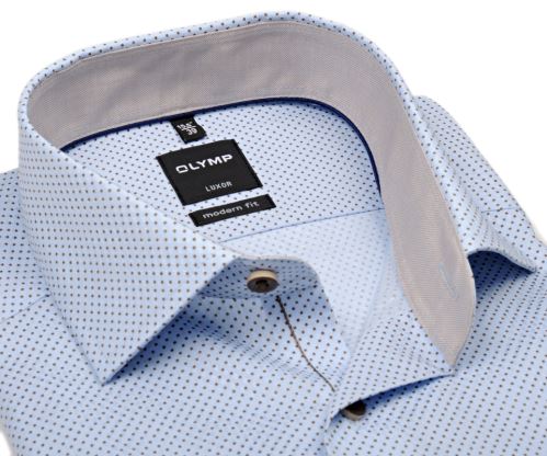 Olymp Modern Fit – světle modrá košile s béžovými čtverečky a vnitřním límcem - krátký rukáv