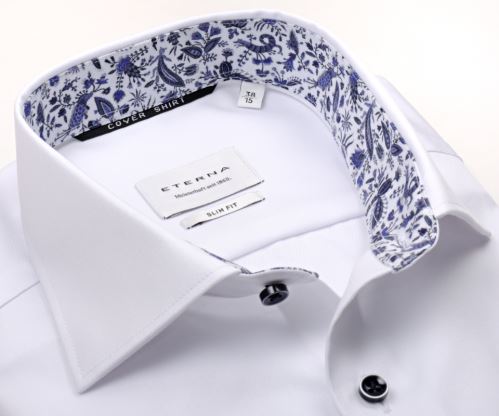 Eterna Slim Fit Twill Cover - luxusná biela nepriehľadná košeľa s modrým kvetinovým vnútorným golierom