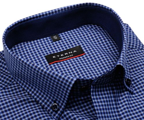 Eterna Modern Fit – modrá károvaná košeľa s vnútorným golierom - krátky rukáv