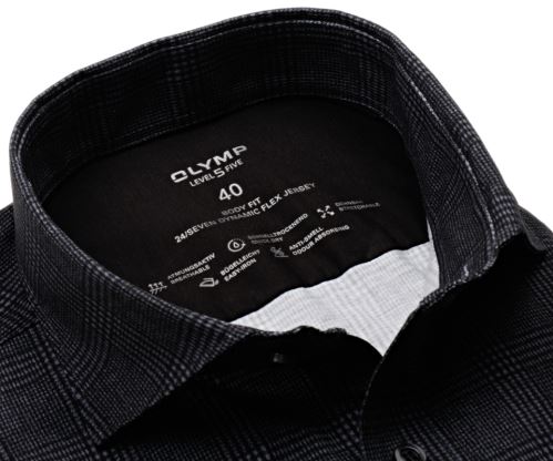 Olymp Level Five 24/Seven – luxusná elastická antracitová košeľa s výrazným károm - predĺžený rukáv