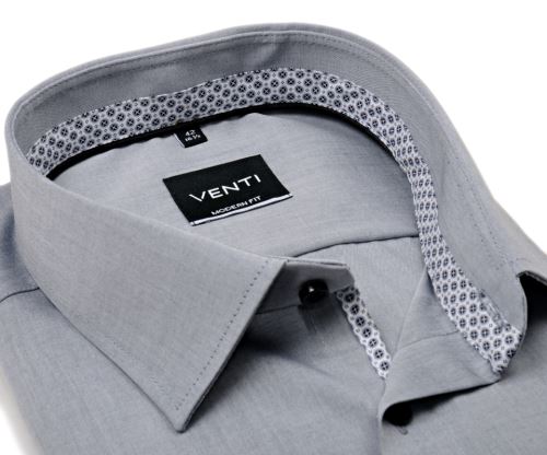 Venti Modern Fit – sivá košeľa s čierno-bielym vnútorným golierom, manžetou a légou Venti Modern Fit – sivá košeľa s čierno-bielym vnútorným golierom, manžetou a légou
