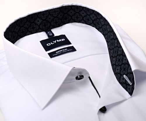 Olymp Super Slim – bílá košile s černým vnitřním límcem a manžetou s ornamenty Olymp Super Slim – bílá košile s černým vnitřním límcem a manžetou s ornamenty