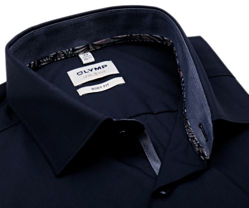 Olymp Level Five – tmavě modrá košile s kovově modrým vnitřním límcem - krátký rukáv