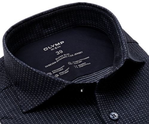 Olymp Super Slim 24/Seven – luxusná elastická tmavomodrá košeľa s jemným melierom a votkaným vzorom