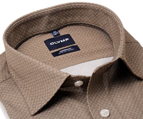 Olymp Modern Fit 24/Seven – luxusní elastická hnědá košile s drobným obdélníčkovým vzorem Olymp Modern Fit 24/Seven – luxusní elastická hnědá košile s drobným obdélníčkovým vzorem