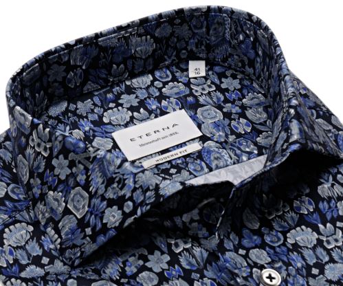 Eterna Modern Fit – tmavá košeľa s modro-bielym kvetinovým vzorom - predĺžený rukáv
