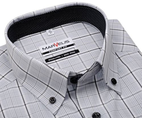 Marvelis Comfort Fit - košeľa so sivým károm a čierno-bielym vnútorným golierom - krátky rukáv