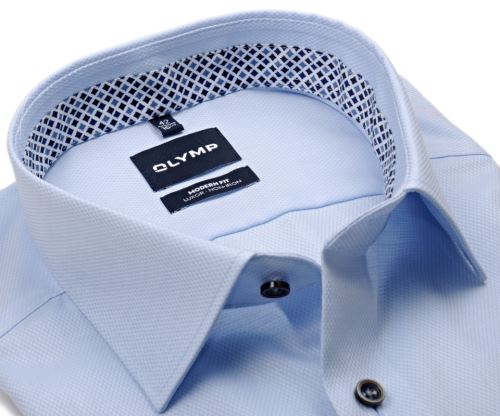 Olymp Modern Fit – světle modrá košile s bílým vetkaným vzorem, hvězdičkovým vnitřním límcem a manžetou
