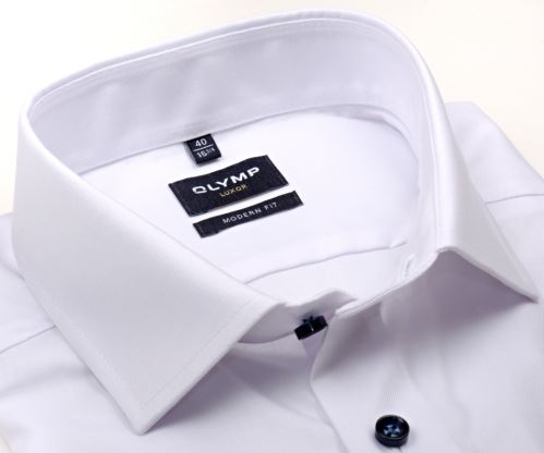 Olymp Modern Fit Twill – biela košeľa s diagonálnou štruktúrou a tmavomodrými gombíkmi