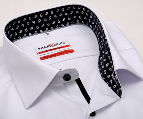 Marvelis Modern Fit – biela košeľa s čierno-bielym vnútorným golierom - predĺžený rukáv