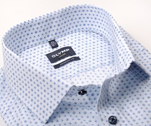 Olymp Modern Fit – biela košeľa s vzorom koliesok v modrej farbe