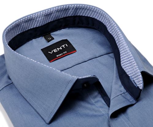 Venti Body Fit – kovovo modrá košeľa s modrým vnútorným golierom a manžetou - extra predĺžený rukáv