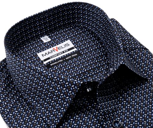 Marvelis Comfort Fit – tmavomodrá košile s modro-béžovými trojúhelníčky