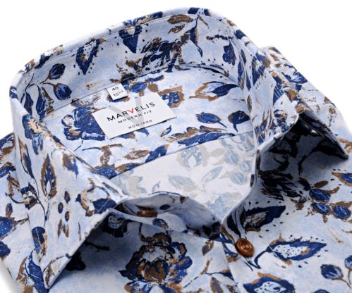 Marvelis Modern Fit – designová košile s modro-béžovým květinovým vzorem - prodloužený rukáv