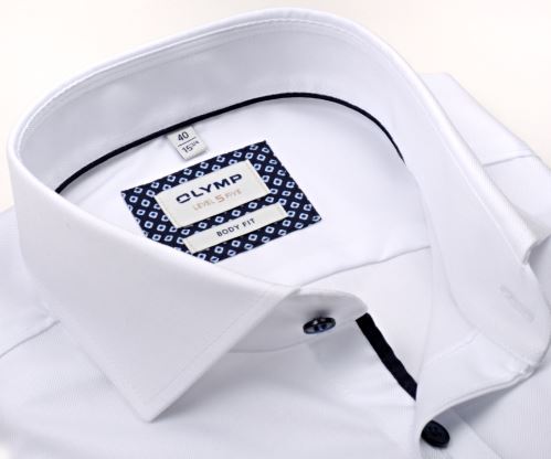 Olymp Level Five – luxusná biela košeľa s diagonálnou štruktúrou a vnútornou légou