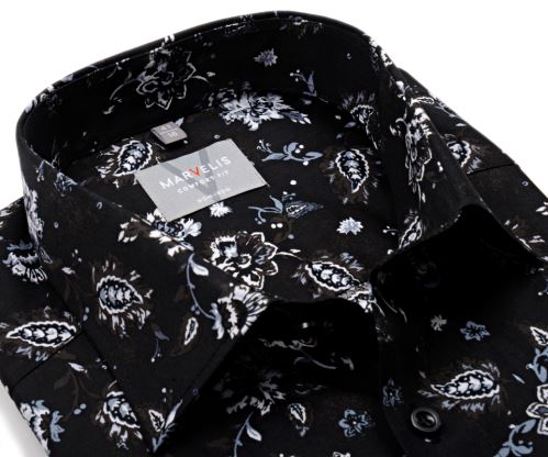 Marvelis Comfort Fit – dizajnová čierna košeľa s kvetinovým vzorom