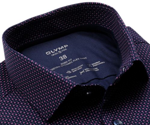 Olymp Level Five 24/Seven – elastická tmavomodrá košeľa s ružovými štvorčekmi