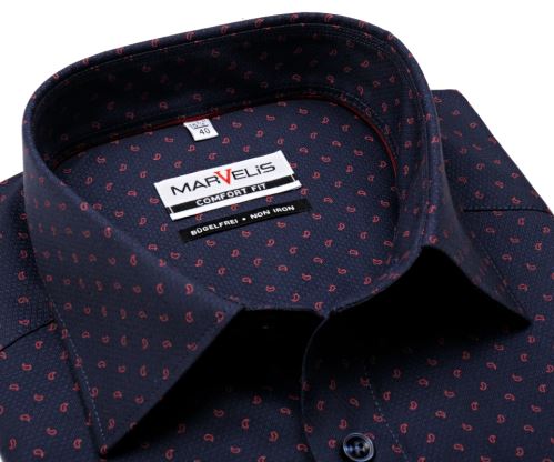 Marvelis Comfort Fit – tmavomodrá košeľa s jemnou štruktúrou a červeným vzorom
