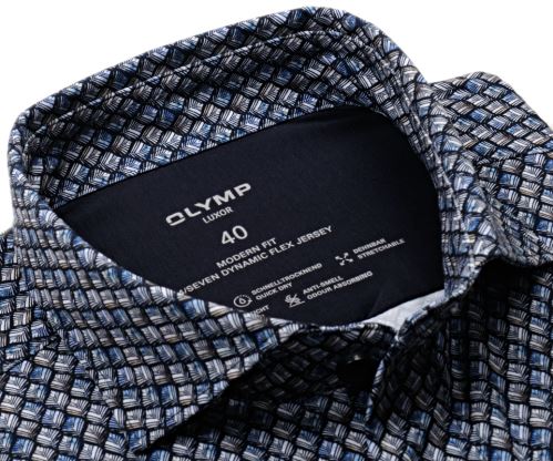 Olymp Modern Fit 24/Seven – luxusná elastická tmavomodrá košeľa s modro-béžovými listami - predĺžený rukáv