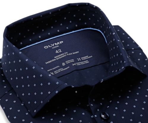 Olymp Level Five 24/Seven – elastická tmavomodrá košeľa s vzorom štvorlístka