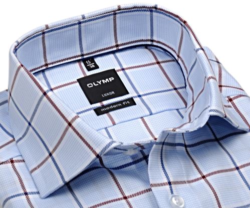 Olymp Modern Fit Twill – luxusní světle modrá košile s červeno-modrým kárem
