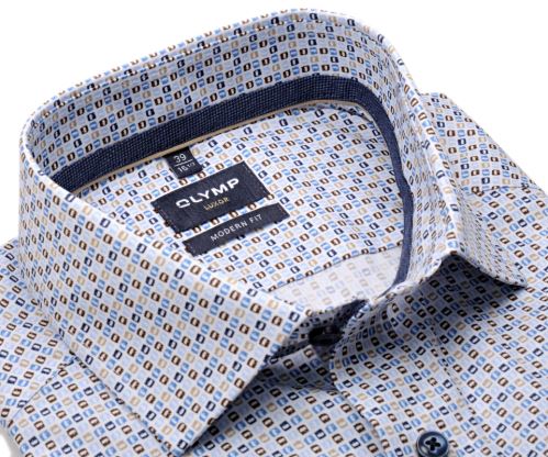 Olymp Modern Fit – košeľa s modro-béžovými štvorčekmi - predĺžený rukáv