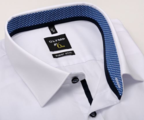 Olymp Super Slim – biela košeľa s modro-bielym vnútorným golierom a manžetou - predĺžený rukáv