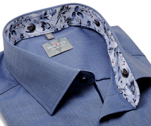 Marvelis Comfort Fit – modrá košile s barevným květovaným vnitřním límcem - krátký rukáv Marvelis Comfort Fit – modrá košile s barevným květovaným vnitřním límcem - krátký rukáv