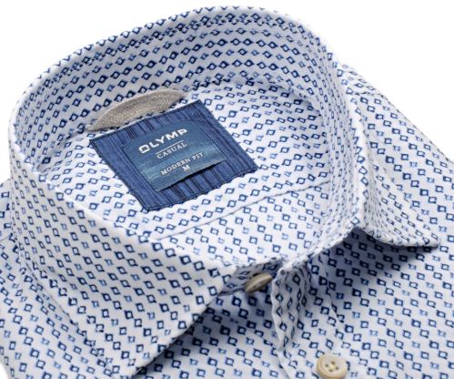 Olymp Modern Fit Casual – bílá košile s modrým kosočtvercovým vzorem - krátký rukáv