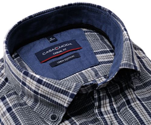 Casa Moda Casual Fit – lněná košile s modro-béžovým kárem - krátký rukáv