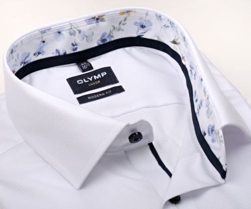 Olymp Modern Fit – biela košeľa s votkaným vzorom a kvetinovým vnútorným golierom - predĺžený rukáv Olymp Modern Fit – biela košeľa s votkaným vzorom a kvetinovým vnútorným golierom - predĺžený rukáv