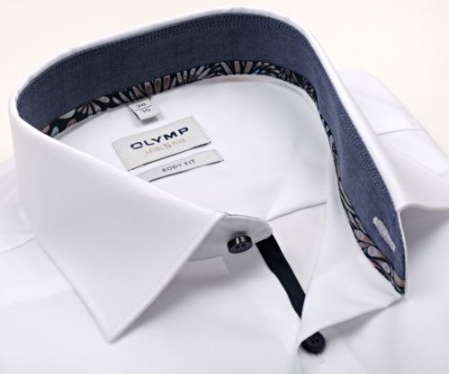 Olymp Level Five – biela košeľa s kovovo modrým vnútorným golierom - krátky rukáv