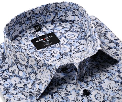 Marvelis Body Fit – designová košile s modro-bílým květinovým vzorem - prodloužený rukáv