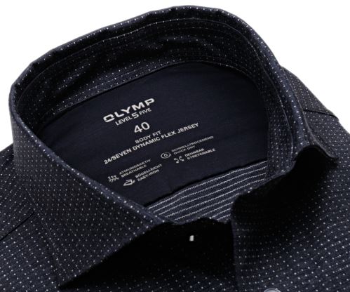 Olymp Level Five 24/7 – luxusná elastická tmavomodrá košeľa s jemným melierom a vzorom - predĺžený rukáv