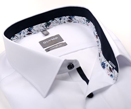 Olymp Luxor Comfort Fit – bílá košile s barevným květinovým vnitřním límcem - krátký rukáv