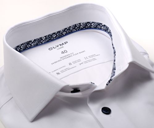 Olymp Modern Fit 24/SEVEN – biela košeľa s modro-bielym vnútorným golierom - krátky rukáv