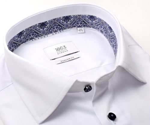 Eterna 1863 Modern Fit Twill - luxusní bílá košile s vnitřním límcem a manžetou s modrými ornamenty