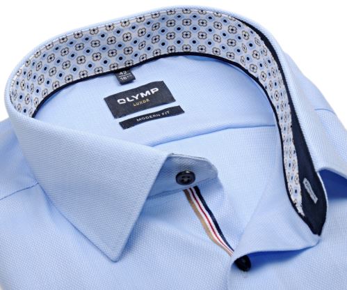 Olymp Modern Fit – svetlomodrá košeľa s jemnou štruktúrou, ozdobným vnútorným golierom a légou - krátky rukáv Olymp Modern Fit – svetlomodrá košeľa s jemnou štruktúrou, ozdobným vnútorným golierom a légou - krátky rukáv