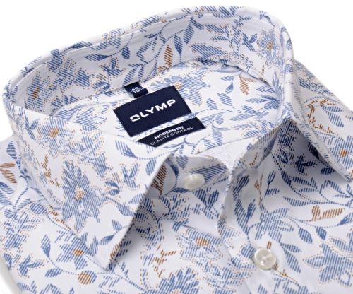 Olymp Modern Fit Climate Control – košile s modro-béžovým florálním vzorem - prodloužený rukáv